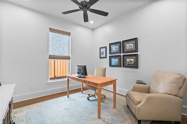 5072 Twin River Pl, Covington, LA 70433 - home office featuring baseboards, wood finished floors, recessed lighting, and a ceiling fan