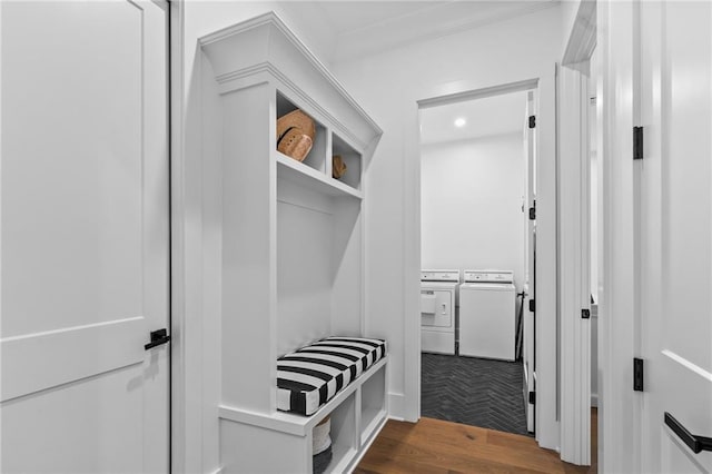 5072 Twin River Pl, Covington, LA 70433 - mudroom featuring washing machine and dryer, wood finished floors, and crown molding