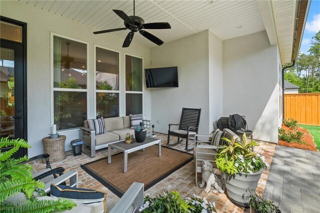 5072 Twin River Pl, Covington, LA 70433 - view of patio featuring an outdoor hangout area, a ceiling fan, and fence