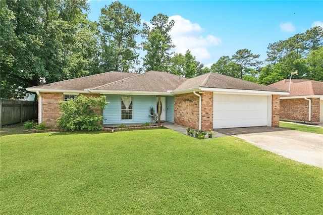 ranch-style home with a garage, concrete driveway, brick siding, and roof with shingles