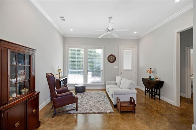 1029 Spring Haven Ln, Madisonville, LA 70447 - living room with baseboards, concrete floors, ceiling fan, recessed lighting, and crown molding