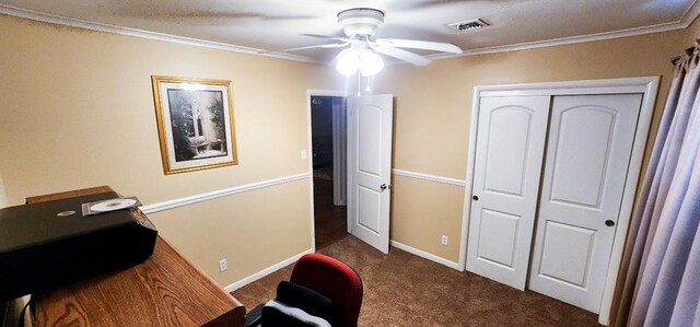 1513 Mason Smith Ave, Metairie, LA 70003 - office featuring ornamental molding, dark carpet, a ceiling fan, and baseboards