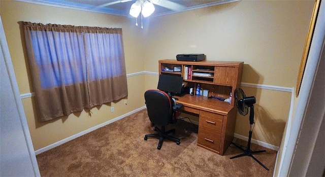 1513 Mason Smith Ave, Metairie, LA 70003 - carpeted home office with crown molding, ceiling fan, and baseboards