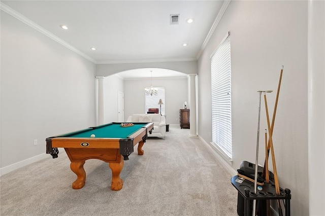 31057 Woodland Dr, Lacombe, LA 70445 - game room with ornate columns, arched walkways, billiards, carpet, and ornamental molding
