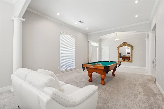 31057 Woodland Dr, Lacombe, LA 70445 - game room featuring arched walkways, ornate columns, pool table, light colored carpet, and crown molding