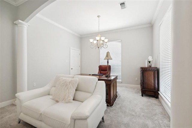 31057 Woodland Dr, Lacombe, LA 70445 - living area with arched walkways, light colored carpet, ornamental molding, baseboards, and a chandelier