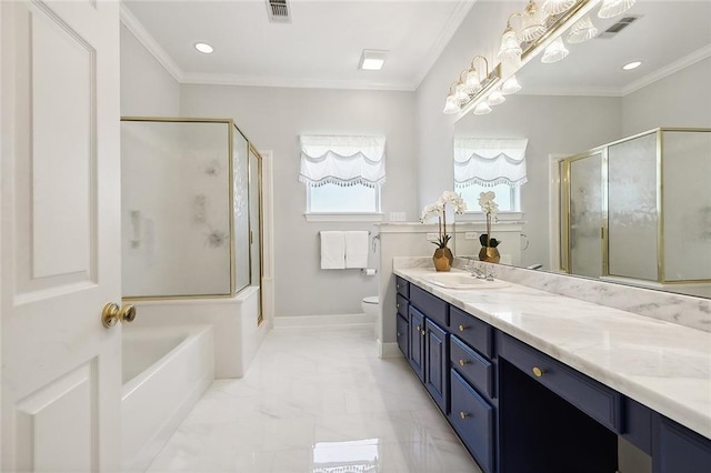 31057 Woodland Dr, Lacombe, LA 70445 - bathroom with a tub to relax in, a shower with door, toilet, crown molding, and double vanity