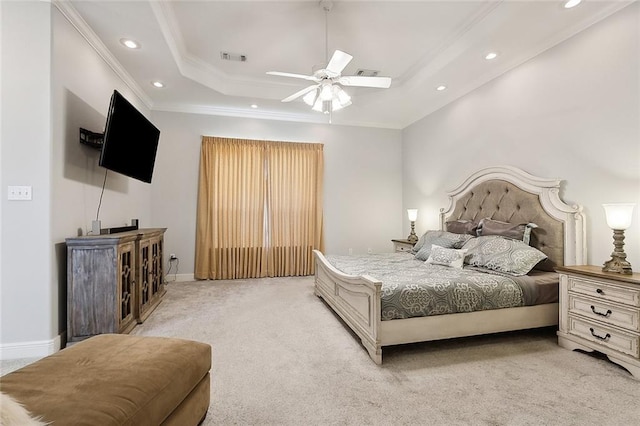 31057 Woodland Dr, Lacombe, LA 70445 - bedroom featuring light carpet, recessed lighting, a tray ceiling, crown molding, and a ceiling fan