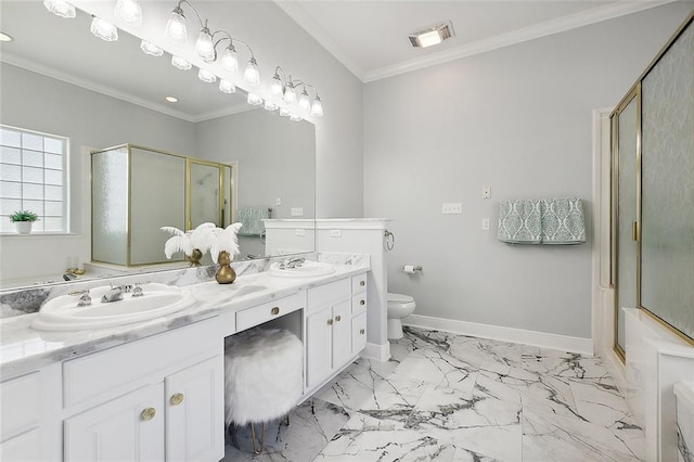 31057 Woodland Dr, Lacombe, LA 70445 - bathroom featuring a stall shower, double vanity, marble look tiles, crown molding, and toilet