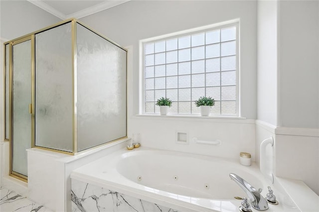 31057 Woodland Dr, Lacombe, LA 70445 - full bath featuring a stall shower, a jetted tub, ornamental molding, and marble finish flooring