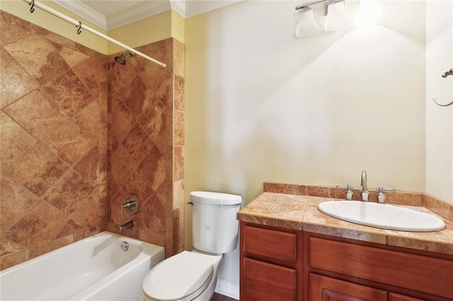 5736 E Louis Prima Dr, New Orleans, LA 70128 - bathroom with crown molding, toilet,  shower combination, and vanity
