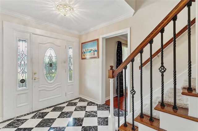 1417 Washington Ct, Slidell, LA 70458 - foyer entrance with ornamental molding, plenty of natural light, stairs, a chandelier, and tile patterned floors