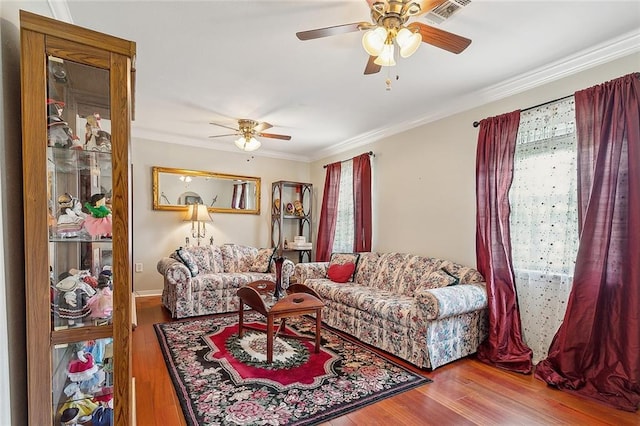 1417 Washington Ct, Slidell, LA 70458 - living area featuring ceiling fan, crown molding, and wood finished floors