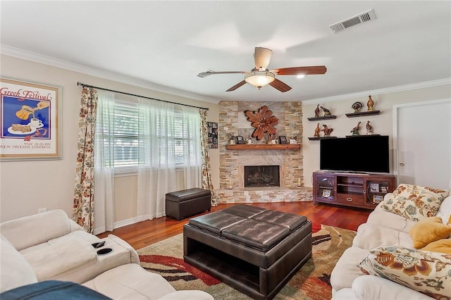 1417 Washington Ct, Slidell, LA 70458 - living room with a ceiling fan, wood finished floors, a fireplace, and ornamental molding