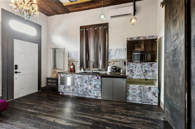 111214 Touro St, New Orleans, LA 70116 - kitchen featuring a sink, a wall mounted air conditioner, appliances with stainless steel finishes, dark countertops, and decorative backsplash