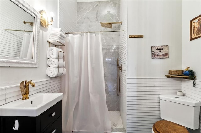 111214 Touro St, New Orleans, LA 70116 - full bathroom with vanity, toilet, a tile shower, and wainscoting