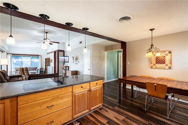 4401 Apollo Dr, Metairie, LA 70003 - kitchen with black electric cooktop, a textured ceiling, dark wood-type flooring, a ceiling fan, and open floor plan