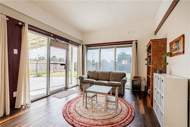 4401 Apollo Dr, Metairie, LA 70003 - living room with hardwood / wood-style flooring, lofted ceiling, and a textured ceiling