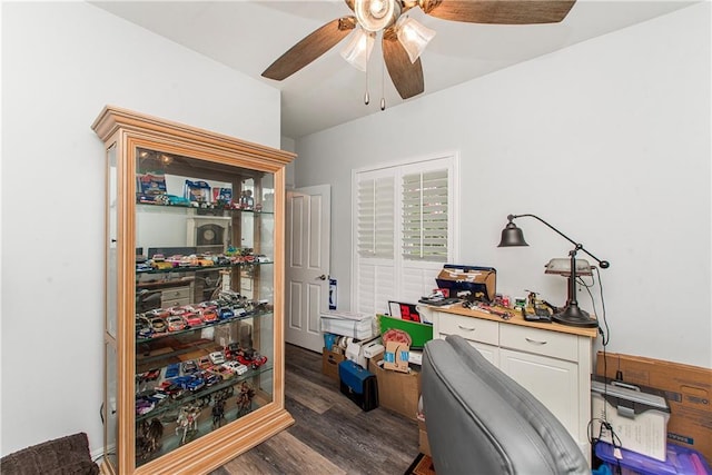 office featuring a ceiling fan and dark wood-style flooring