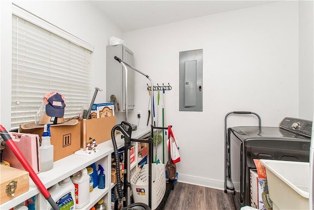 laundry room featuring washer / clothes dryer, electric panel, wood finished floors, and baseboards