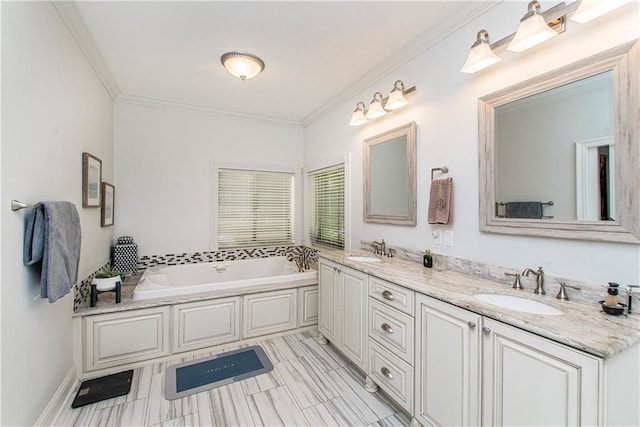 full bath featuring crown molding, a garden tub, and double vanity