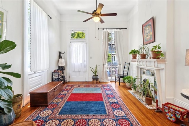 2329 Dauphine St, New Orleans, LA 70117 - entryway featuring wood finished floors, a ceiling fan, and a premium fireplace