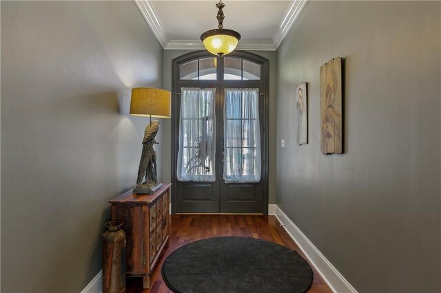 11446 Copperwood Dr, Denham Springs, LA 70726 - entryway featuring french doors, ornamental molding, wood finished floors, and baseboards