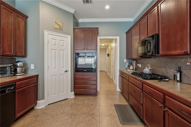 11446 Copperwood Dr, Denham Springs, LA 70726 - kitchen featuring black appliances, decorative backsplash, ornamental molding, tile countertops, and light tile patterned floors