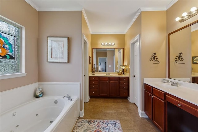 11446 Copperwood Dr, Denham Springs, LA 70726 - bathroom with a tub with jets, vanity, ornamental molding, tile patterned flooring, and baseboards