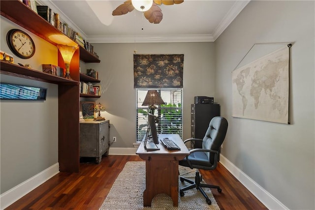 11446 Copperwood Dr, Denham Springs, LA 70726 - office area with ceiling fan, wood finished floors, ornamental molding, and baseboards
