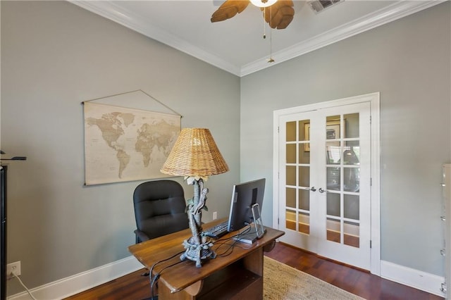 11446 Copperwood Dr, Denham Springs, LA 70726 - office space featuring french doors, ornamental molding, a ceiling fan, wood finished floors, and baseboards
