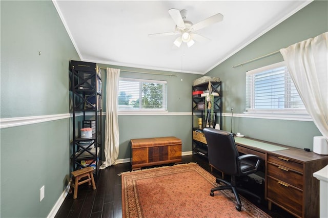 33 Caribou Ct, Metairie, LA 70003 - office area with ornamental molding, baseboards, lofted ceiling, a ceiling fan, and wood finished floors