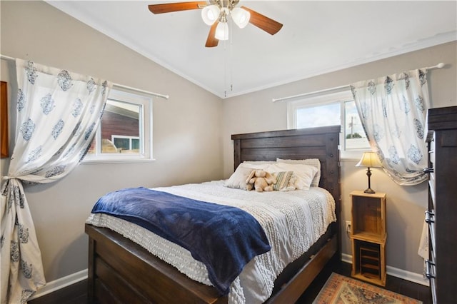 33 Caribou Ct, Metairie, LA 70003 - bedroom featuring vaulted ceiling, baseboards, wood finished floors, ceiling fan, and ornamental molding