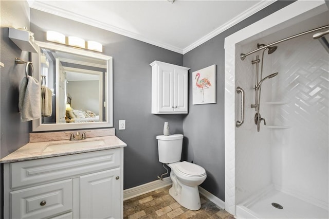 33 Caribou Ct, Metairie, LA 70003 - ensuite bathroom featuring baseboards, a shower stall, toilet, ornamental molding, and vanity