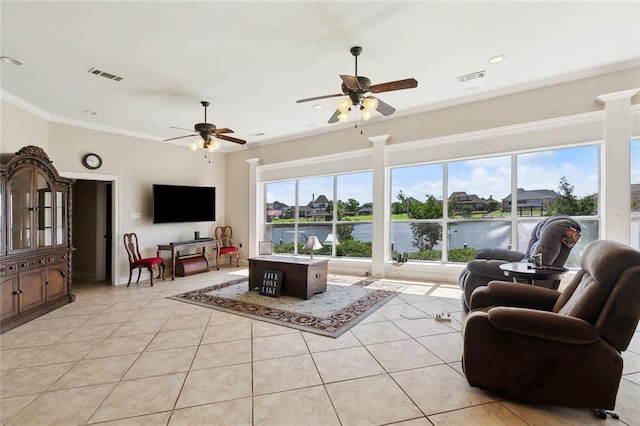 1681 Vela Cv, Slidell, LA 70458 - living area featuring light tile patterned floors, a ceiling fan, crown molding, and recessed lighting