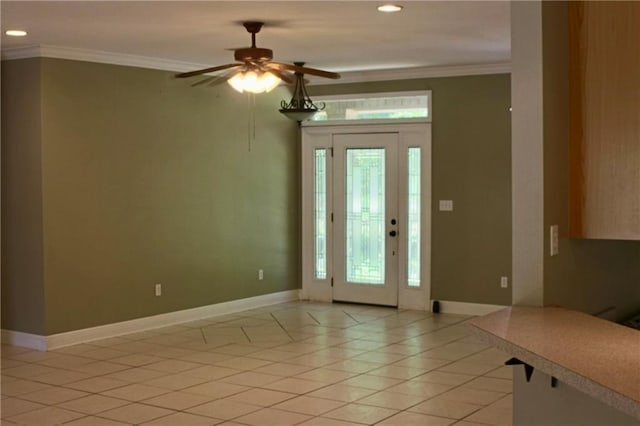 66165 Hickory Dr, Pearl River, LA 70452 - foyer featuring ornamental molding, a ceiling fan, recessed lighting, baseboards, and light tile patterned flooring