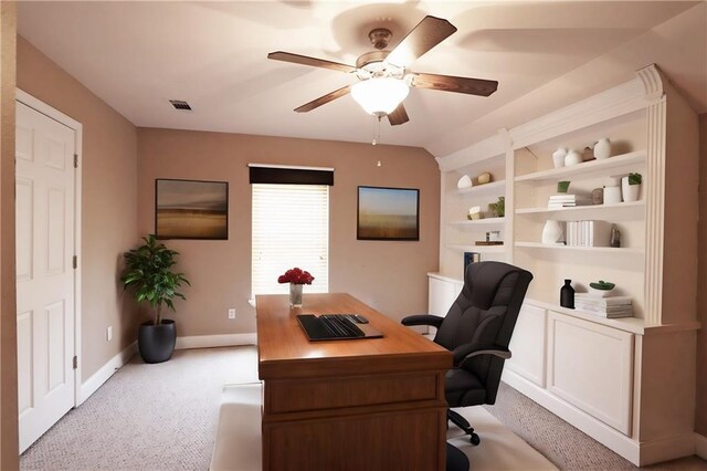 47013 Rivergate Dr, Robert, LA 70455 - office area featuring light colored carpet, a ceiling fan, baseboards, and built in features