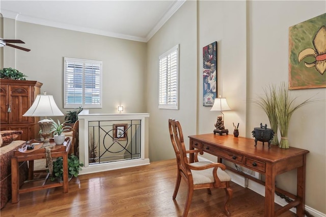 760 Magazine St Ph, Ph, New Orleans, LA 70130 - office with crown molding, wood finished floors, and a ceiling fan