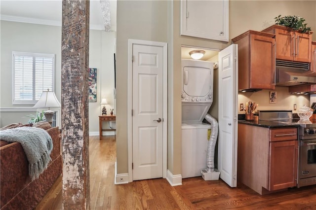 760 Magazine St Ph, Ph, New Orleans, LA 70130 - clothes washing area with stacked washer / dryer, dark wood finished floors, crown molding, and baseboards