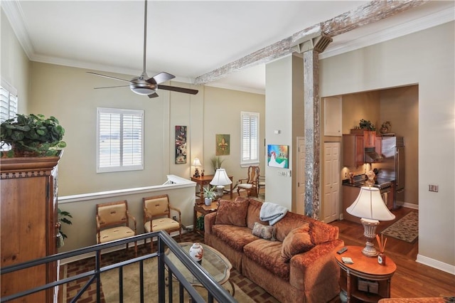 760 Magazine St Ph, Ph, New Orleans, LA 70130 - living area with ceiling fan, wood finished floors, crown molding, and baseboards
