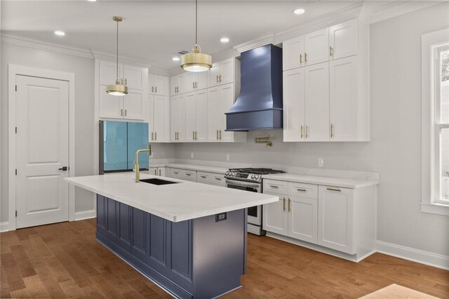 1109 David Dr, Metairie, LA 70003 - kitchen with a sink, stainless steel range with gas stovetop, custom exhaust hood, refrigerator, and baseboards