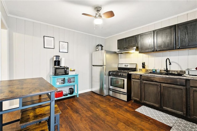 1031 Henriette Delille St Unit 2, New Orleans, LA 70116 - kitchen with appliances with stainless steel finishes, under cabinet range hood, a ceiling fan, ornamental molding, and a sink
