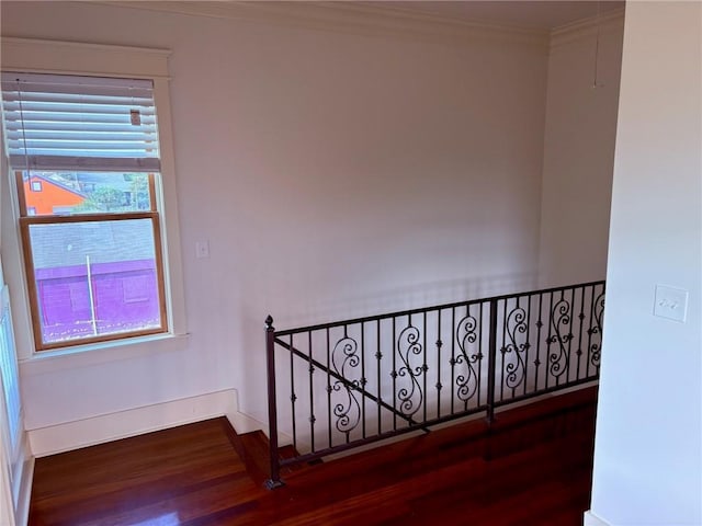 913 N Robertson St, New Orleans, LA 70116 - stairway with wood finished floors, crown molding, and baseboards