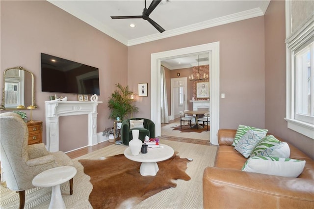 4119 S Liberty St, New Orleans, LA 70115 - living area with ornamental molding, ceiling fan, recessed lighting, a fireplace, and baseboards