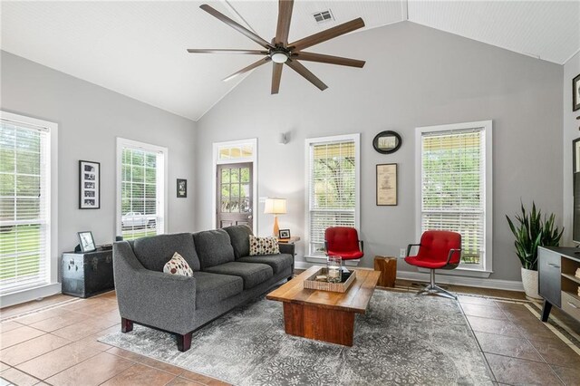 22236 8th St, Abita Springs, LA 70420 - tiled living area featuring ceiling fan and high vaulted ceiling