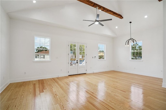 5519 Wingate Dr, New Orleans, LA 70122 - spare room featuring a ceiling fan, light wood-type flooring, high vaulted ceiling, beamed ceiling, and recessed lighting