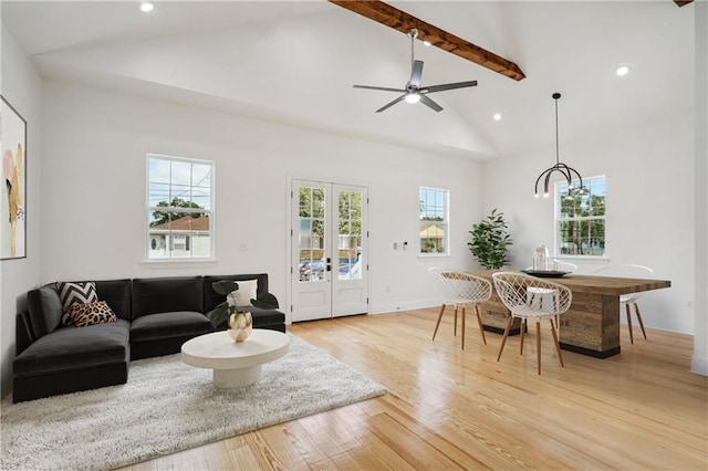 5519 Wingate Dr, New Orleans, LA 70122 - living room with light wood-type flooring, ceiling fan, high vaulted ceiling, recessed lighting, and beamed ceiling