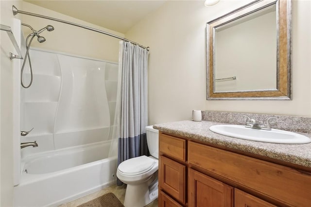 bathroom with toilet, shower / bath combination with curtain, and vanity