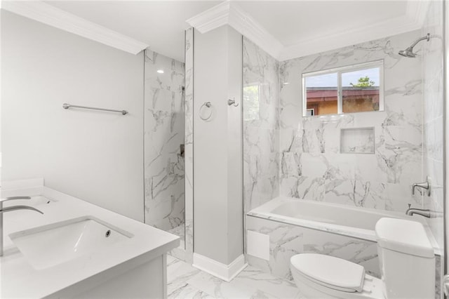 2067 Lafreniere St, New Orleans, LA 70122 - full bath with crown molding, marble finish flooring, toilet, and double vanity