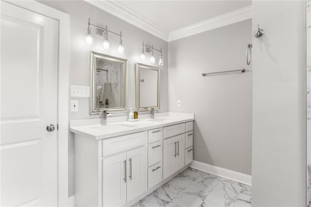 2067 Lafreniere St, New Orleans, LA 70122 - bathroom with marble finish floors, crown molding, double vanity, baseboards, and a shower